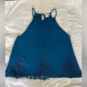 Intu turquoise halter tank with lace bottom BoHo chic small